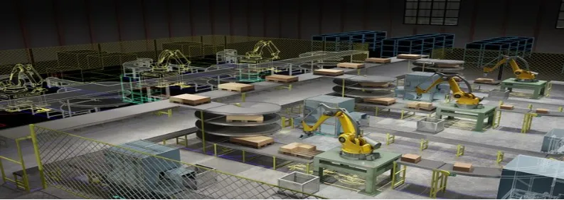 Factory line with robotic arms assembling modular data center units.